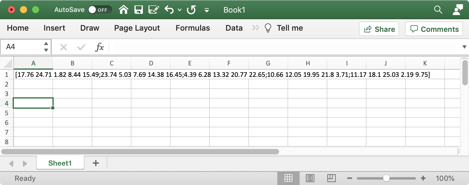 Results of using Matlab clipboard to Excel